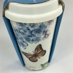 Lenox Butterfly Meadow Blue Thermal Travel Mug Silicone Lid Ceramic Coffee Tea